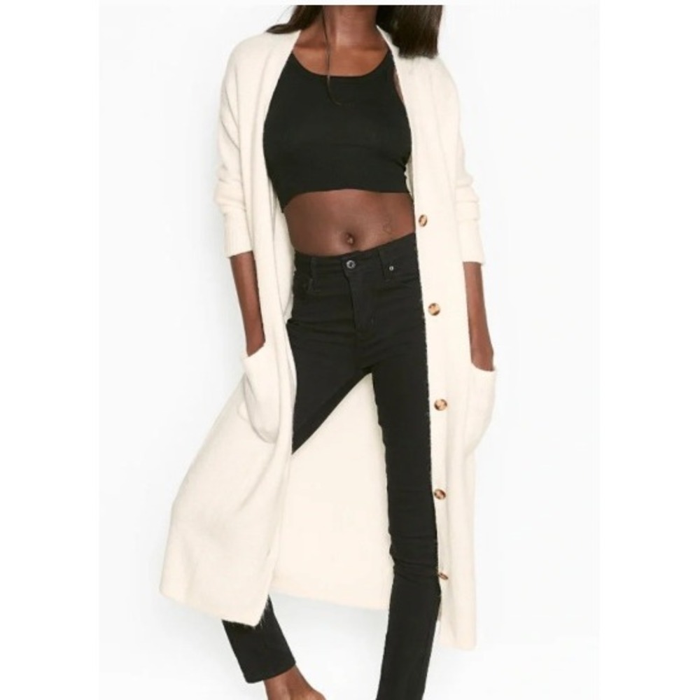 Victoria's Secret Cream Teddy Cardigan Longline Duster Sweater Pockets M / L